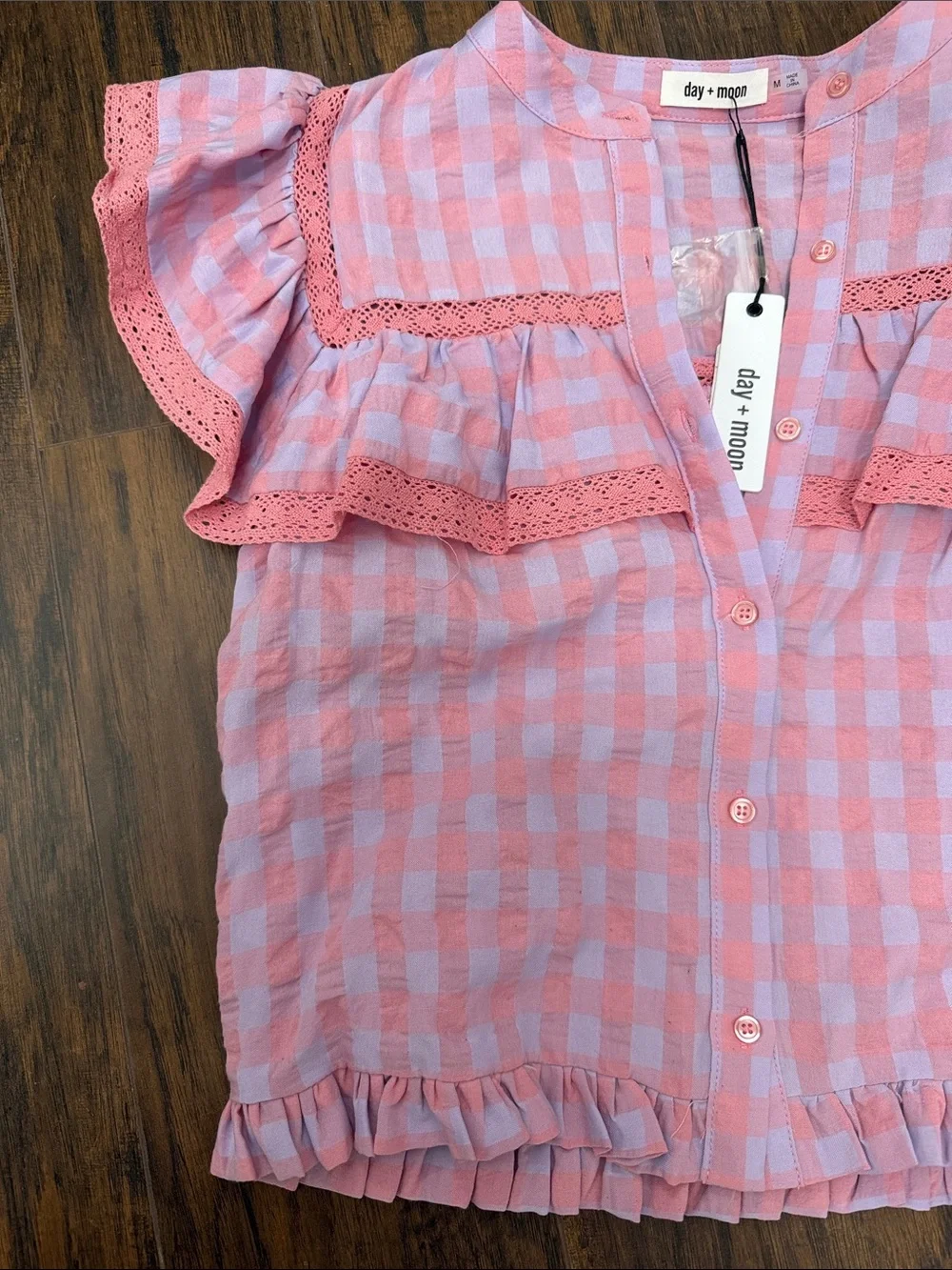 Eyelet Trim Pink Gingham Ruffle Skirt Set - Picture 4 of 4